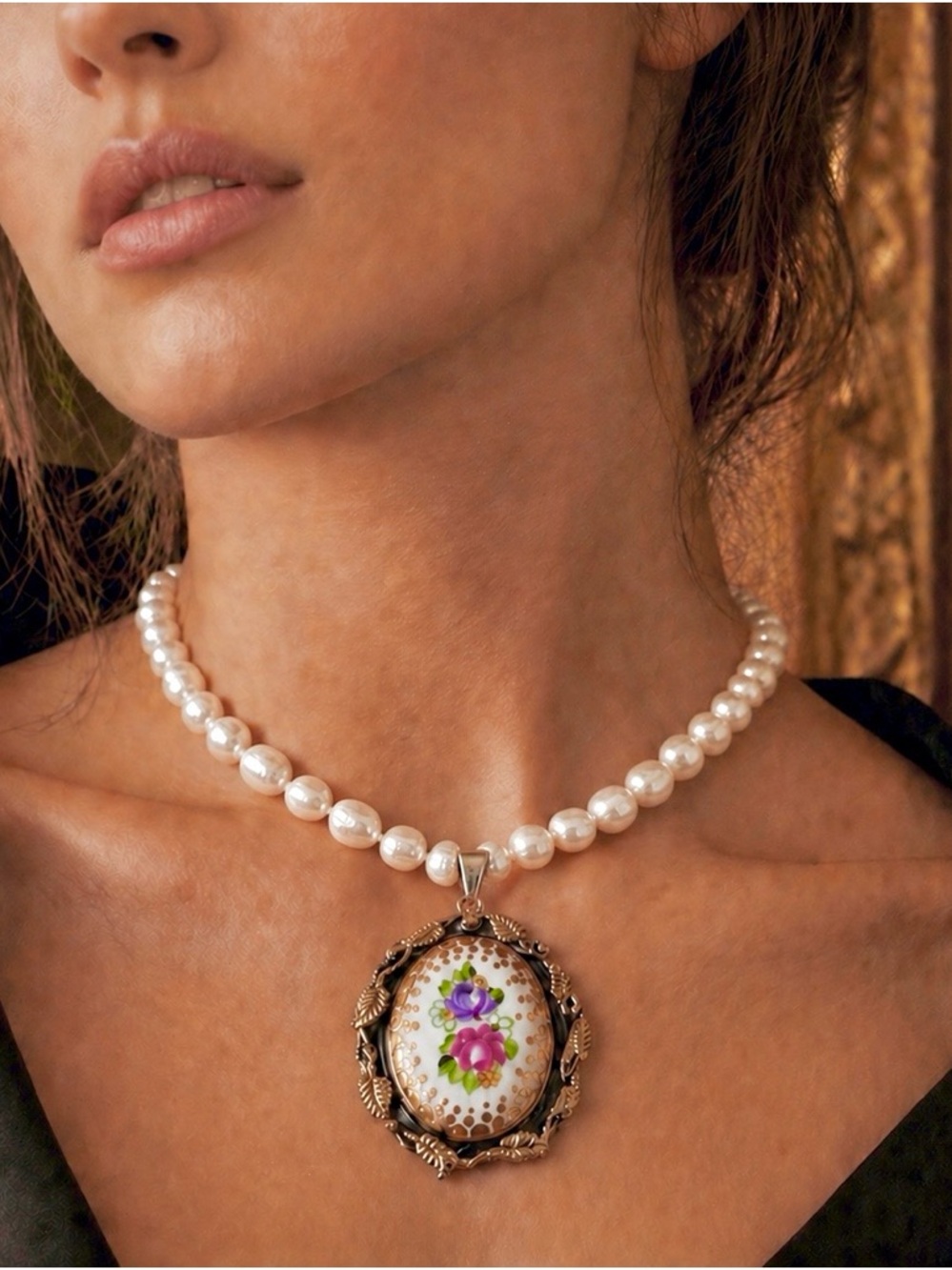 Handmade 925 Silver 22K Gold Mallorca Freshwater Pearls Floral Pendant Necklace